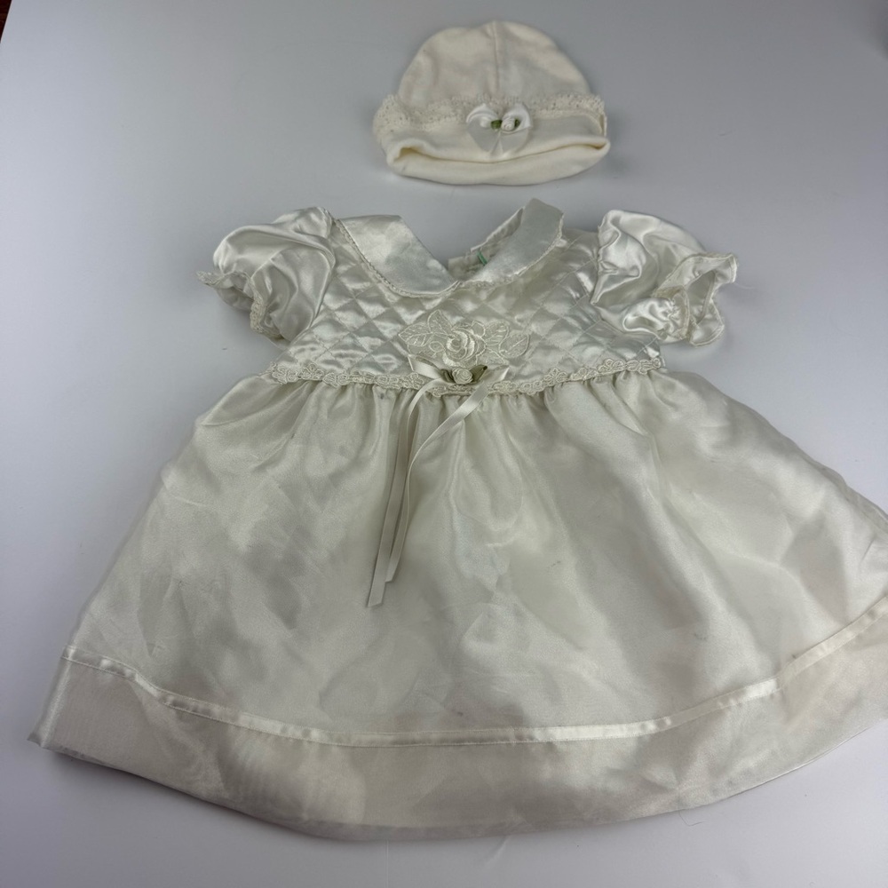 Vintage Baby Girl White Dress with Hat 3-6 Months Baptism Fancy
